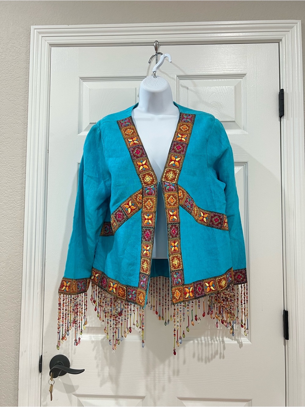 Vintage Style Gist! Embroidered Open Front Jacket Turquoise Multi-Color Beads M